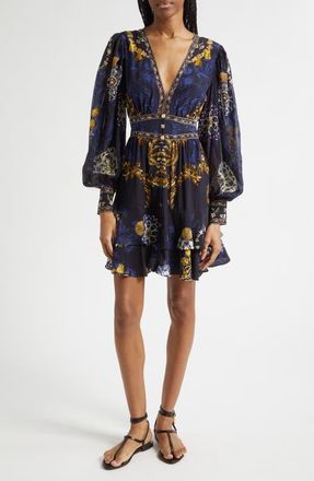 Camilla Beaded Print Long Sleeve Silk Dress in Notes From The Blue Room at Nordstrom, Size X-Small