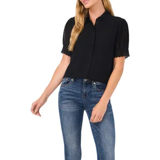 CeCe by Cynthia Steffe Scallop Trim Button-Up Shirt in Rich Black at Nordstrom, Size Xx-Small