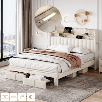 Matteo 4ft6 Double Upholstered Bed Frame - Storage, Charging & LED, Beige