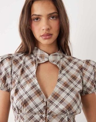 Motel Yasuda - Blusa marrone a quadri in coordinato