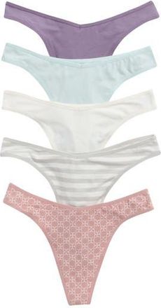Nordstrom Rack Assorted 5-Pack Stretch Cotton Thongs in Teal Mist Multi at Nordstrom Rack, Size X-Small