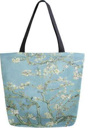 Alaza Almond Flower Tree Canvas Tote Bag Large Women Casual Shoulder Bag Handbag Floral Sloth Reusable Multipurpose Heavy Duty Shopping Grocery Cotton Bag f