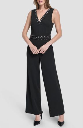 DKNY Stud Detail Scuba Crepe Jumpsuit in Black at Nordstrom, Size 16