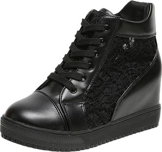 Generic Women Wedges Sneakers Ankle High Platform Walking Shoes Hidden Heels Chunky Wedge Lace Up High Top Sneaker Womens Dressy Heeled Boots Casual Fashion B