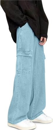 Generic Baggy Jeans for Mens Elasticated Waist Stretchy Trousers Relaxed Wide Leg Demin Pants with Pockets Solid Leisure Oversize Pant Comfotable Fashion Dail
