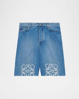 Loewe Mens Maxi-Anagram Washed Denim Shorts