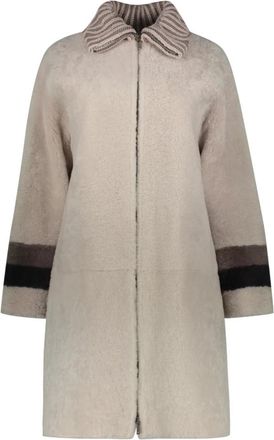 Lorena Antoniazzi Shearling Overcoat met Geribbelde Gebreide Kraag - Dames - Mantel - Grijs - XS - Polyester - Jassen