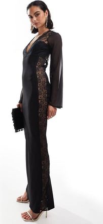 Asos Vestito lungo nero in misto chiffon e pizzo con cut-out e taglio sbieco