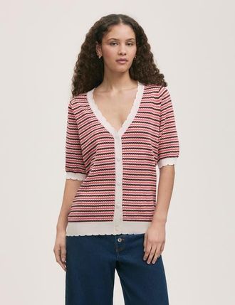 Finery Willa Short Sleeve Striped Cardigan in Pink Stripe at Nordstrom, Size 14