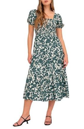 August Sky Floral Puff Sleeve Smocked Midi Dress in Forest Green Multi at Nordstrom Rack, Size Small
