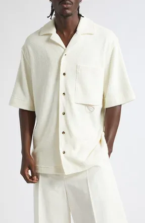 Bottega Veneta Short Sleeve Cotton Blend Terrycloth Button-Up Shirt in Parchment at Nordstrom, Size X-Large