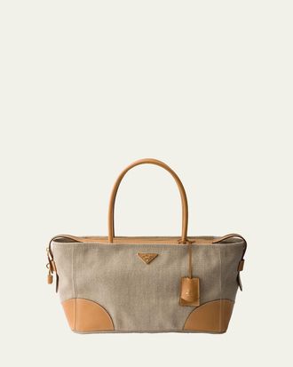 Prada Large Linen & Leather Tote Bag