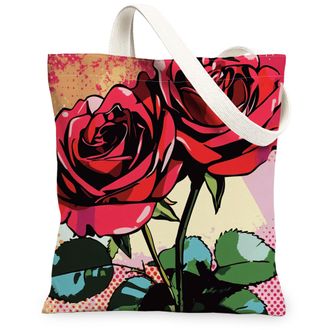 Generic Valentines Day Red Wine Canvas Tote Bag for Shopping 13x15, Vintage Funky Groovy Romantic Flower Reusable Grocery Print Bag for Women, Holiday Beach A