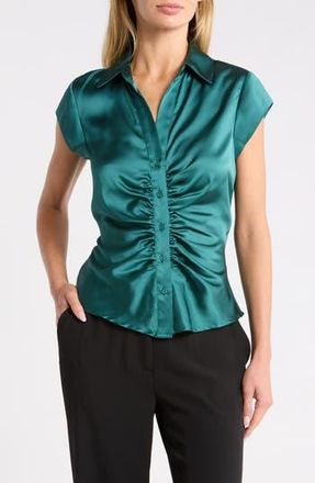 Daniel Rainn Ruched Satin Button-Front Cap Sleeve Blouse in Mediterranea at Nordstrom Rack, Size X-Large