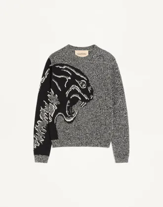 Valentino Valentino Cotton And Moulin&eacute; Wool Jumper With Panther Jacquard Man IVORY/BLACK 3XL