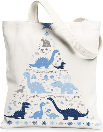 Generic Dinosaur Canvas Tote Bags, Cute Dino Print Reusable Grocery Bags, Winter Fun Lightweight Washable Shoulder Strap for Travel, White, 13x15 Inch