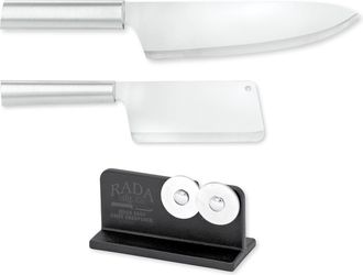 Rada Cutlery 8.5-Inch French Chef Knife, 5.25 Inch Chefs Dicer Knife, Silver Handles & Quick Edge Knife Sharpener