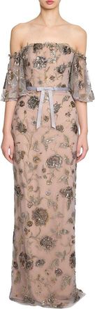 Marchesa Off The Shoulder Beaded Illusion Column Dress
