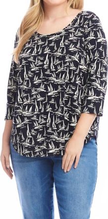 Karen Kane 3/4 Sleeve Shirttail Top - Plus In Navy Cream Print
