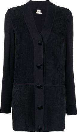Hermès V-neck suede cardigan - women - Goat Skin/Virgin Wool - 40 - Blue