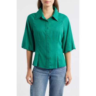 Wit & Wisdom Bubble Sleeve Flare Button-Up Chambray Top in Lake Green at Nordstrom, Size X-Large
