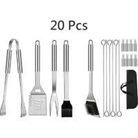 OEM Juego De 20 Utensilios De Acero Inoxidable Para Barbacoa: Pinzas, Esp&aacute;tula, Brochetas Y Bolsa De Transporte. Herramientas Para Camping Y Picnic. 20 Pi
