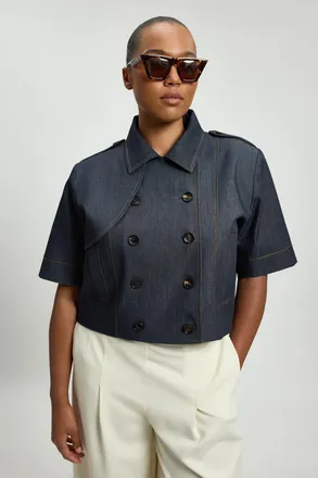 Karen Millen Womens Plus Size Tailored Denim Trench Jacket - Indigo Blue Cotton - Size 20 UK