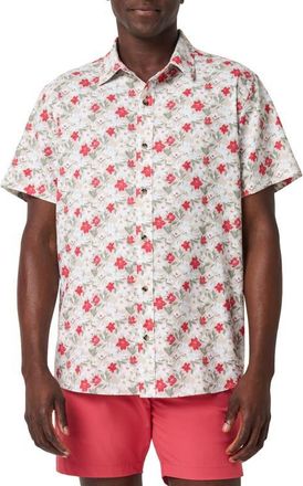Travis Mathew Techwoven Fairway Floral Short Sleeve Performance Button-Up Shirt in Italian Sand at Nordstrom, Size Xx-Large