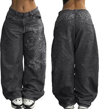 Generic Baggy Jeans Y2k Goth Pants Women Men Hip Hop Street Jeans with Skeleton Print Vintage Loose Fit High Waist Denim Wide Leg Pants Wear