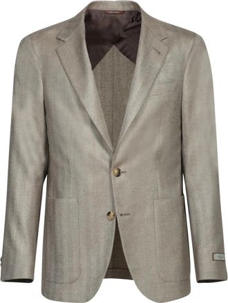 Canali Visgraat Zijden Jas - Heren - Blazers - Beige - 3XL - Kasjmier - Jassen