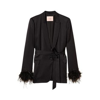 Twinset Jassen, Dames, Zwart, L, Satijn, Giacca blazer in raso con piume