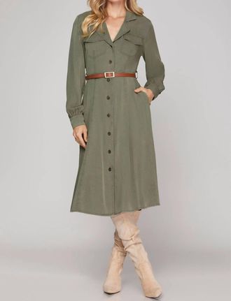 She + Sky Liv Long Sleeve Button Down Midi Dress In Olive