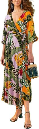 Farm Rio Mixed Striped Bananas Maxi Wrap Dress