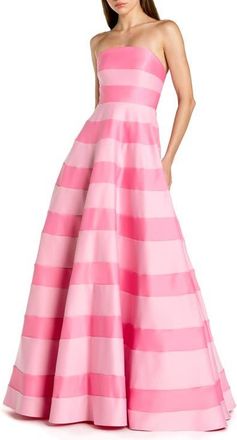 Mac Duggal Petite Pink Striped Satin Strapless Ballgown With Pockets in Pink Multi at Nordstrom, Size 12