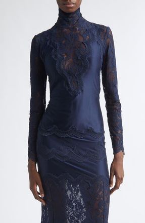 Paco Rabanne Lace & Jersey Long Sleeve Top in Deep Navy at Nordstrom, Size 40