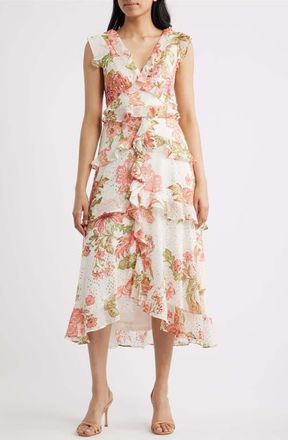 CeCe by Cynthia Steffe Floral Metallic Detail Cascade Ruffle Dress in Egret at Nordstrom, Size 10