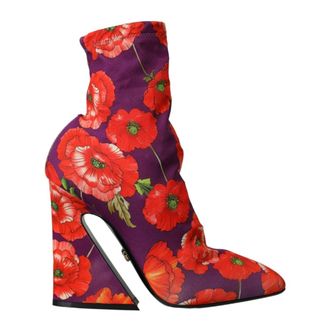 Dolce & Gabbana Schoenen, Dames, Veelkleurig, 39 EU, Paarse Bloemen Stretch Enkellaarzen