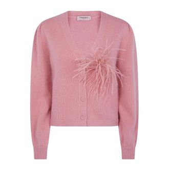 Twinset Cardigan con Dettagli in Piuma Scollo a V - - Knitwear - Donna - Rosa - L