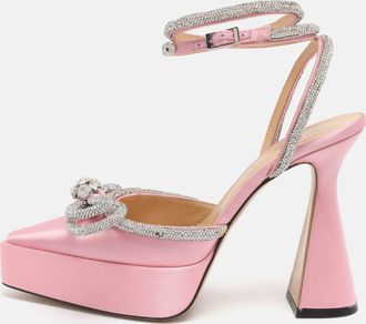 Mach & Mach Light Pink Satin Double Bow Crystal Embellished Platform Pumps