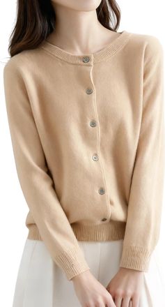 Generic 100 Wool Cardigan Women Crewneck 100 Merino Wool Sweater Solid Long Sleeve Seamless Knitted Cardigan Sweater Cashmere Knitwear Jacket Outerwear Yellow