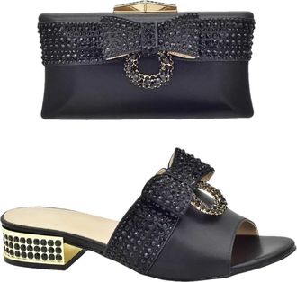 Generic Womens Low Heels Slip On Sandals and Handbag Matching Set Rhinestone Bow Decorated for Wedding Bride Party