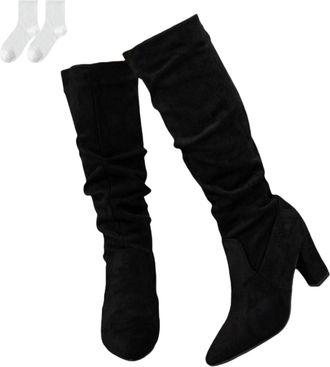 Generic Womens Knee-High Boots with Block Heel, Elegant Slouch Boots with Pointed Toe in Suede Look, Fashionable Long Boots for Everyday Wear, Leisure, And Ev