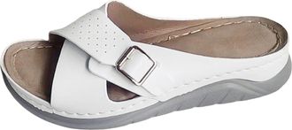 Generic Ladies Fashion Flat Sandals with Leather Overlay and Decorative Buckle Strap for Everyday Comfortable Wear (White, 4.5)