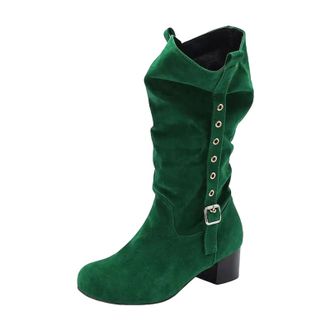 Generic Womens Leisure Mid Calf Boots Round Toe Med Block Heel Platform With Slip On Design Pleated Detail And Buckle