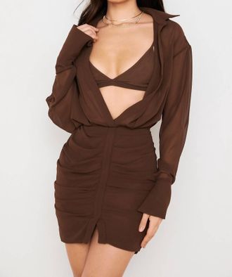 House of CB Deep V-Neck Puff Skirt Mini Dress In Brown