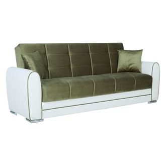 Dmora Sof&aacute; Cama Dgirou, Sof&aacute; Cama Contenedor De 3 Plazas En Ecopiel Y Tela, Sof&aacute; De Sal&oacute;n En Tela Acolchada Con Apertura Clic-clac, 220x84h91 Cm, Blanco Y G