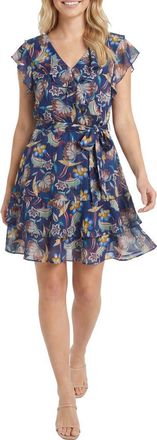London Times Ruffle Tie Waist Dress in Navy/hollyhock at Nordstrom Rack, Size 12
