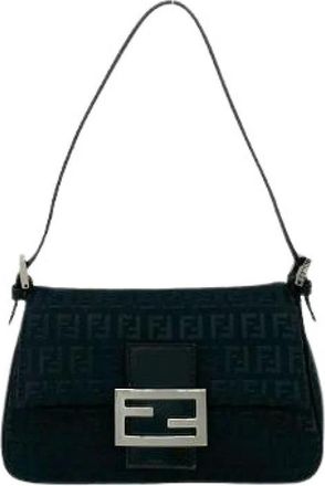 Fendi Pre-owned Shoulder Bags, female, Black, Size: ONE SIZE Pre-owned Mini Mamma Baguette Canvas Leather Handbag