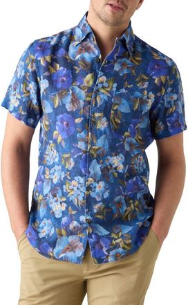 Robert Talbott Morgan Printed Floral Linen Short Sleeve Shirt in Navy at Nordstrom, Size Xx-Large
