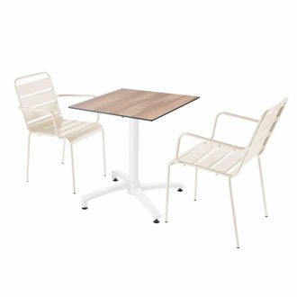 Oviala Mesa de jard&iacute;n en laminado de roble oscuro y 2 sillones marfil